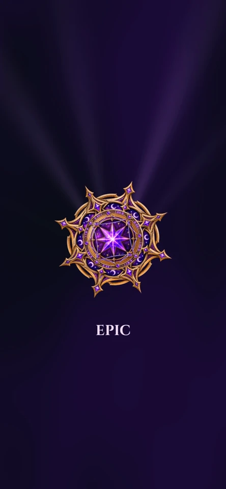 A celestial card shatters into fragments and reveals a glowing purple achievement medal.