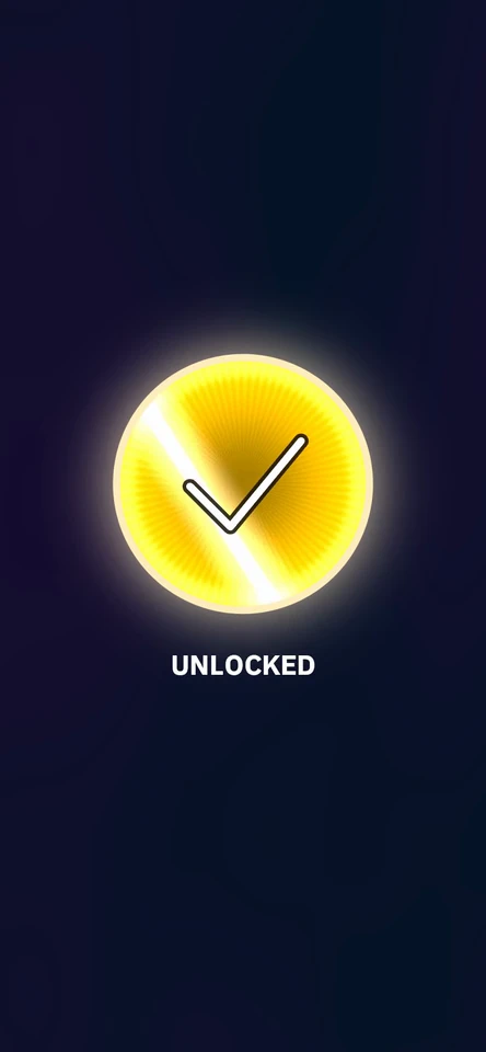 A gold badge stamps into place with a dust ring and sparkle burst, then holds the UNLOCKED caption.