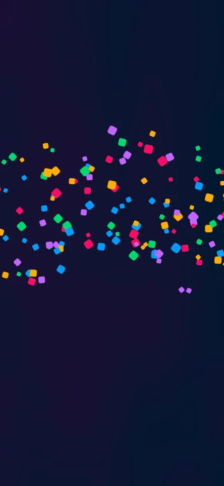Pink, gold, green, blue, and purple confetti bursts upward and falls over a dark indigo background.