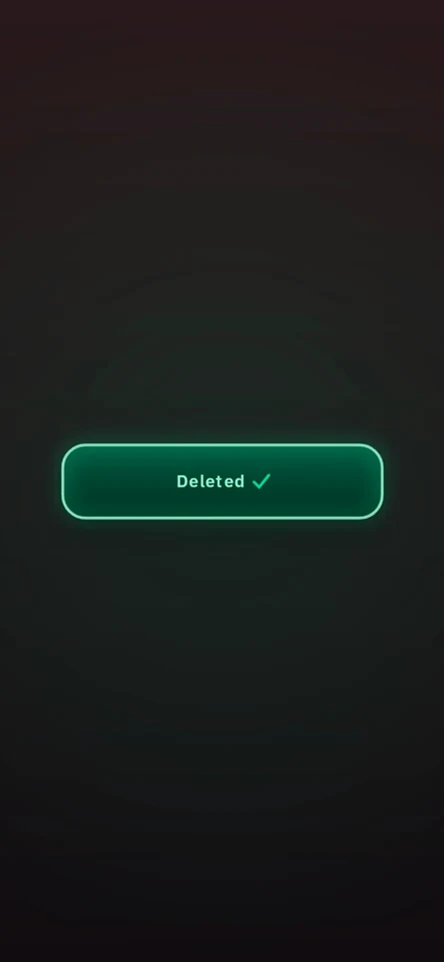 A glowing fuse burns around Hold to Delete, flashes on confirmation, and settles on Deleted with a green check mark.