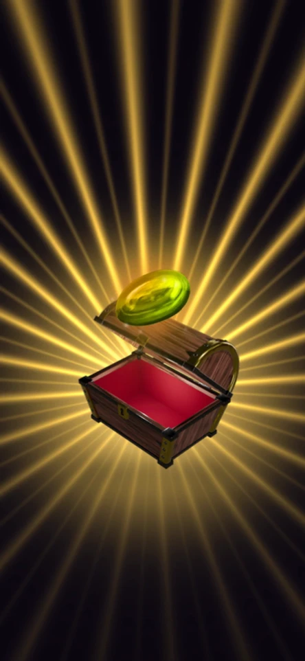 A wooden chest rattles, opens, and lifts a purple gem into a radiant column of light.