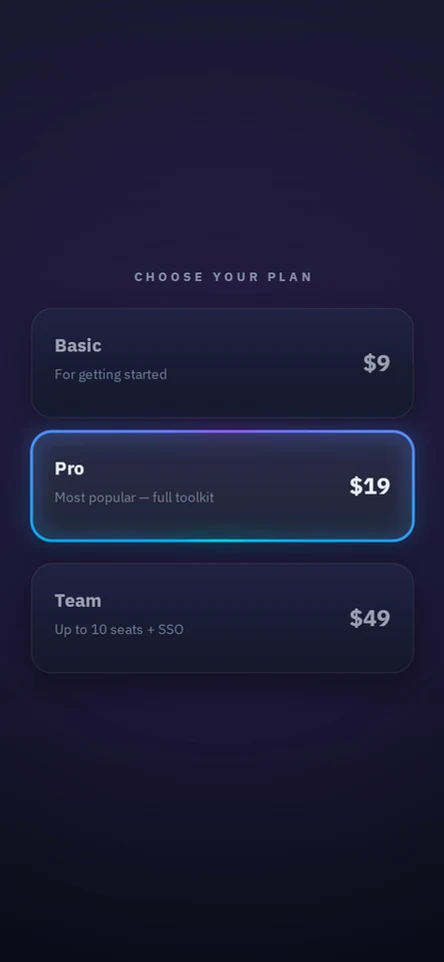 Plan selection with glowing borders and a status pill cycling through syncing, verified and failed states.
