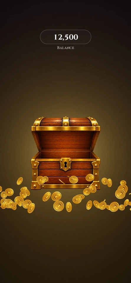 Gold coins burst from a chest and stream into a balance display that rises from 12,500 to 15,000.