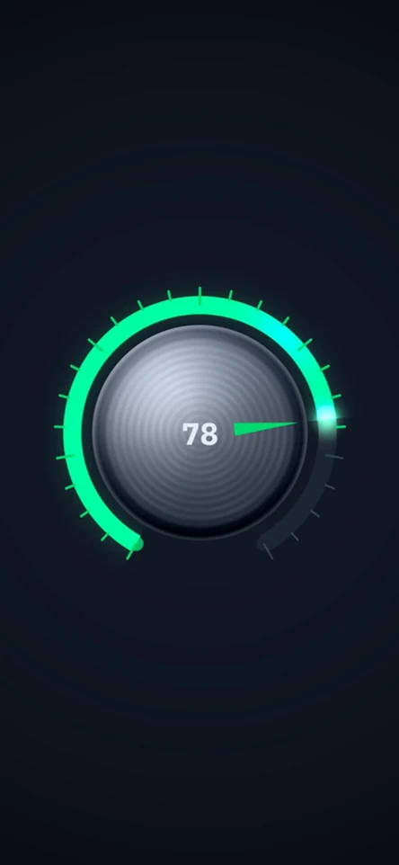 A dark brushed-metal dial turns through glowing green ticks to 78, then returns to zero with rolling digits.