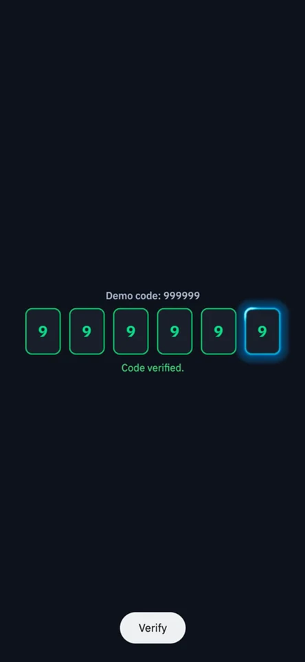 Shimmer OTP input showing a successfully verified six-digit code.