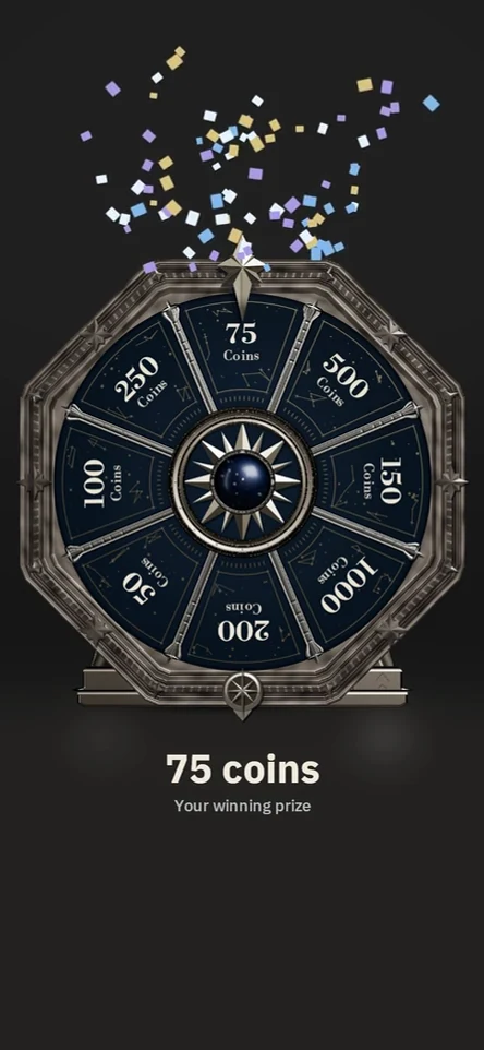 Brass, porcelain and celestial prize wheels spin and reveal a coin reward, with a slow two-axis camera drag through the 3D variants.