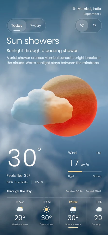 An animated sample Mumbai forecast changes from sun and clouds to rain and thunderstorm conditions.